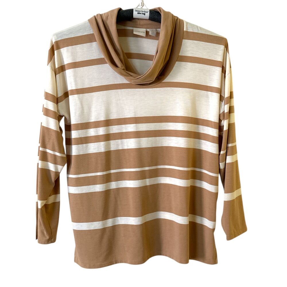 Chico’s Striped Cowl Neck Pullover Top | Size 2 | Tan & White